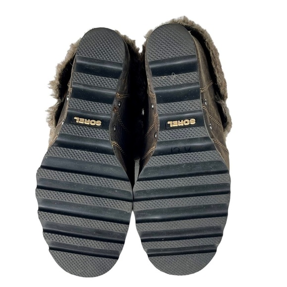 SOREL JOAN OF ARCTIC WEDGE ANKLE APRES SKI FAUX FUR BROWN LEATHER ANKLE BOOTS - Picture 7 of 13